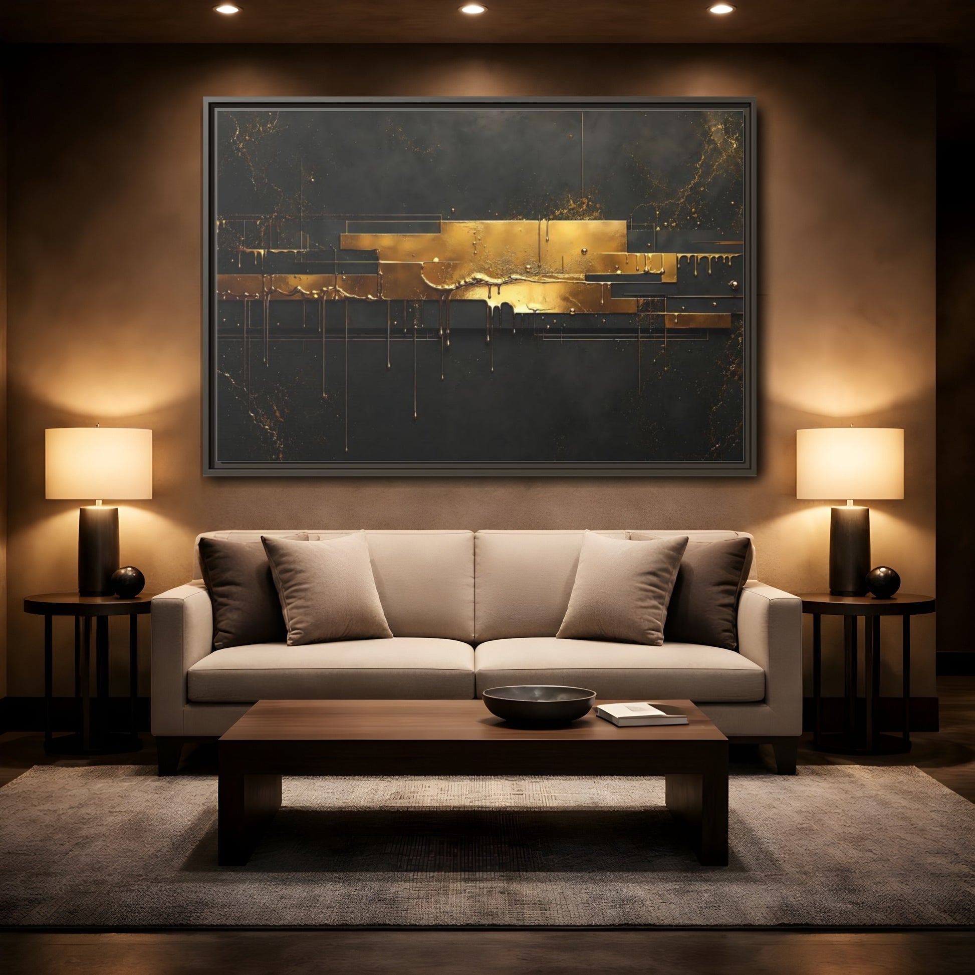 Mockup 2. Abstract Gold Drip Black And Gold shown as stretched canvas wall art