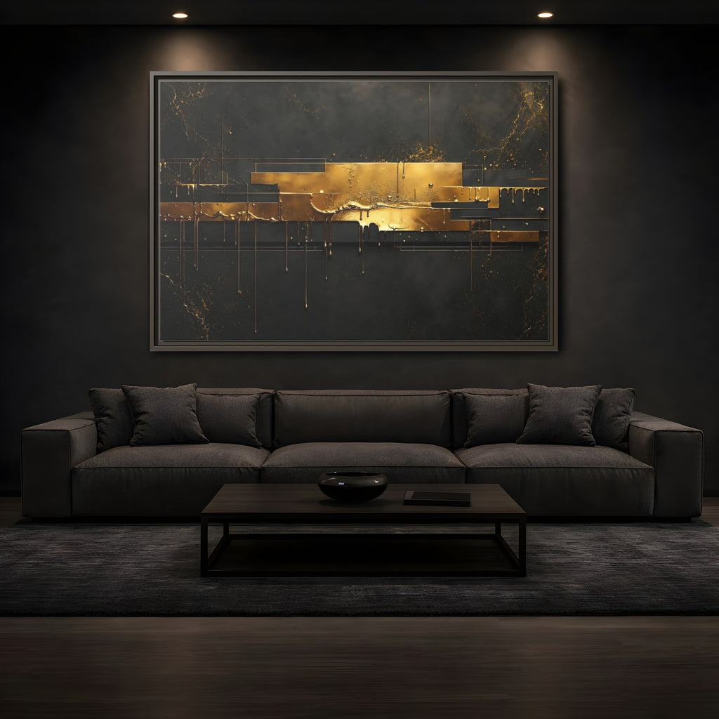 Mockup 3. Abstract Gold Drip Black And Gold shown as stretched canvas wall art