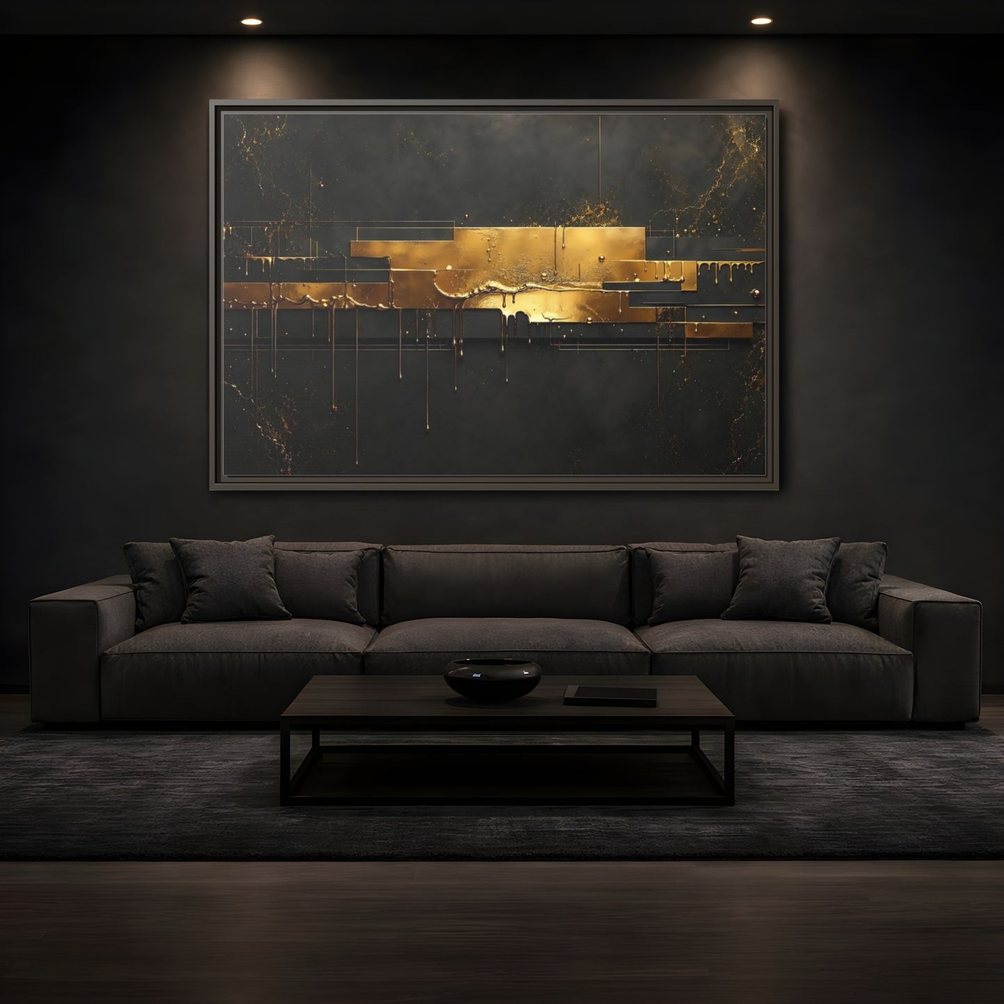 Mockup 3. Abstract Gold Drip Black And Gold shown as stretched canvas wall art