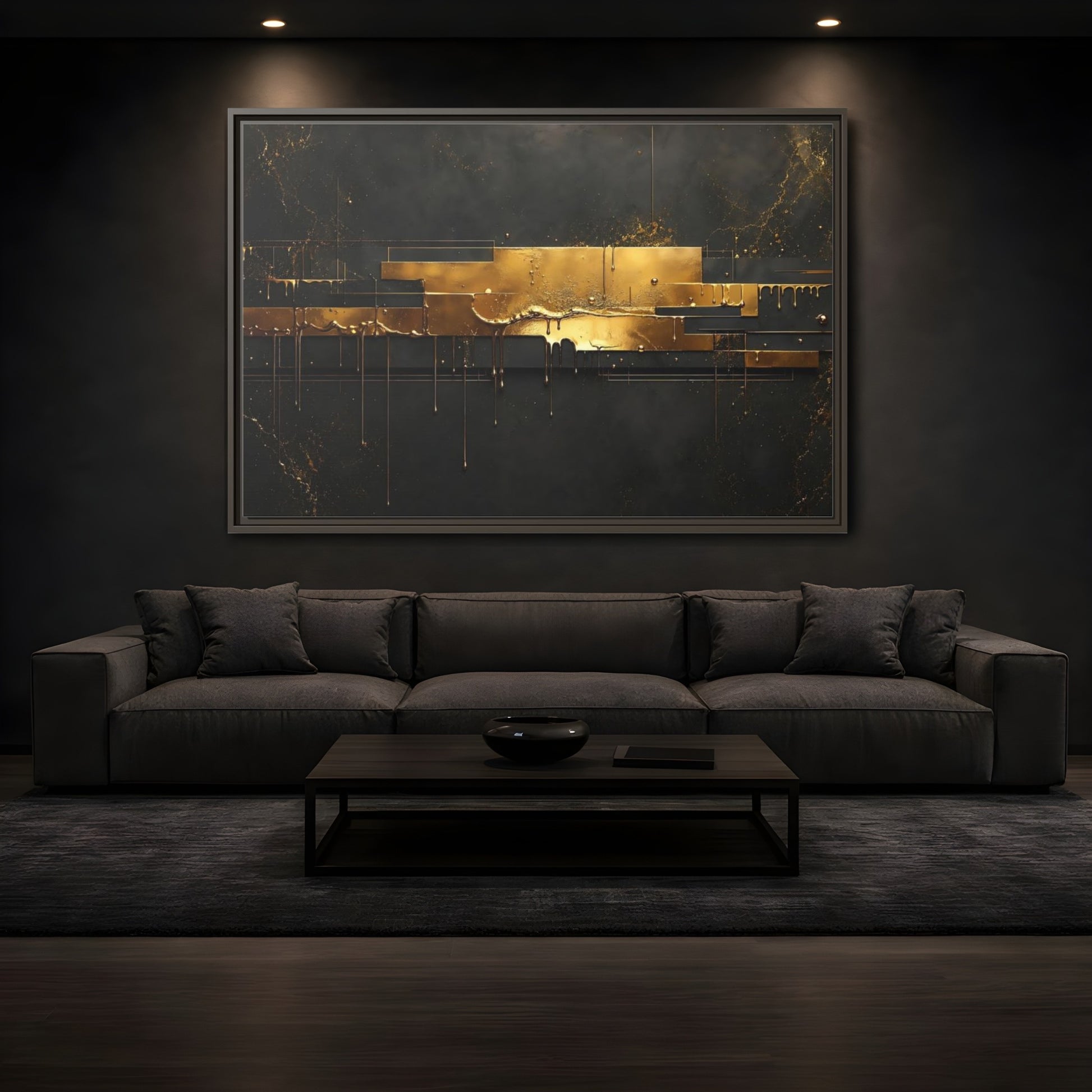 Mockup 3. Abstract Gold Drip Black And Gold shown as stretched canvas wall art