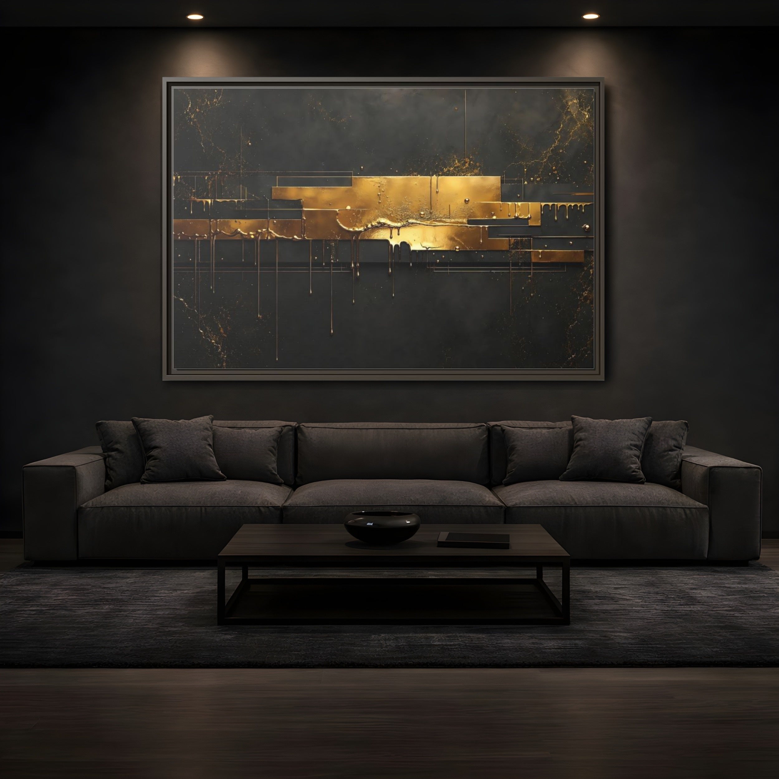 Mockup 3. Abstract Gold Drip Black And Gold shown as stretched canvas wall art
