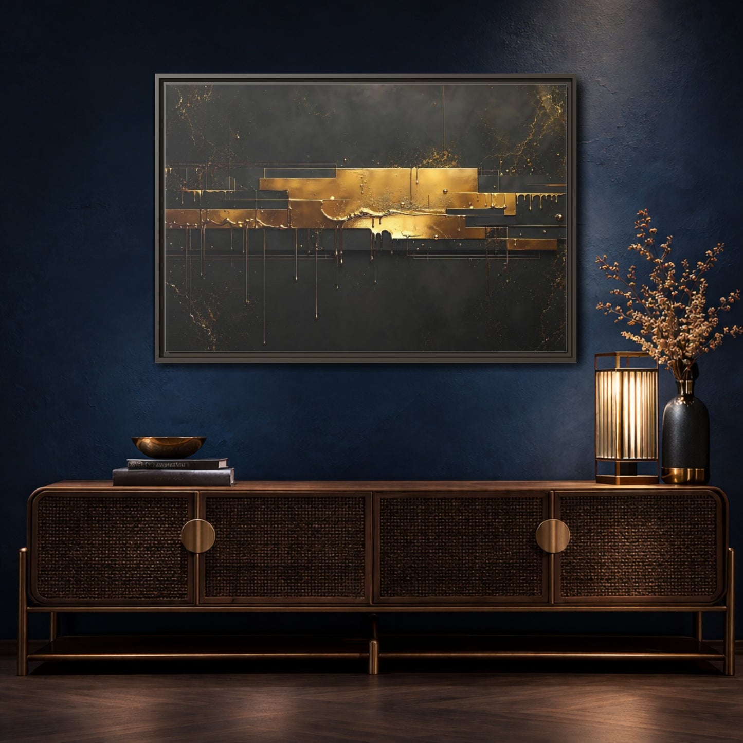 Mockup 4. Abstract Gold Drip Black And Gold shown as stretched canvas wall art