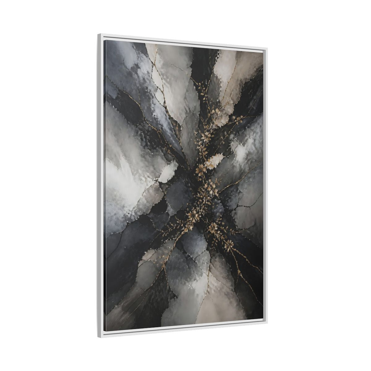 Side Mockup 7. Abstract Gold Floral Black And Gold shown as stretched canvas wall art