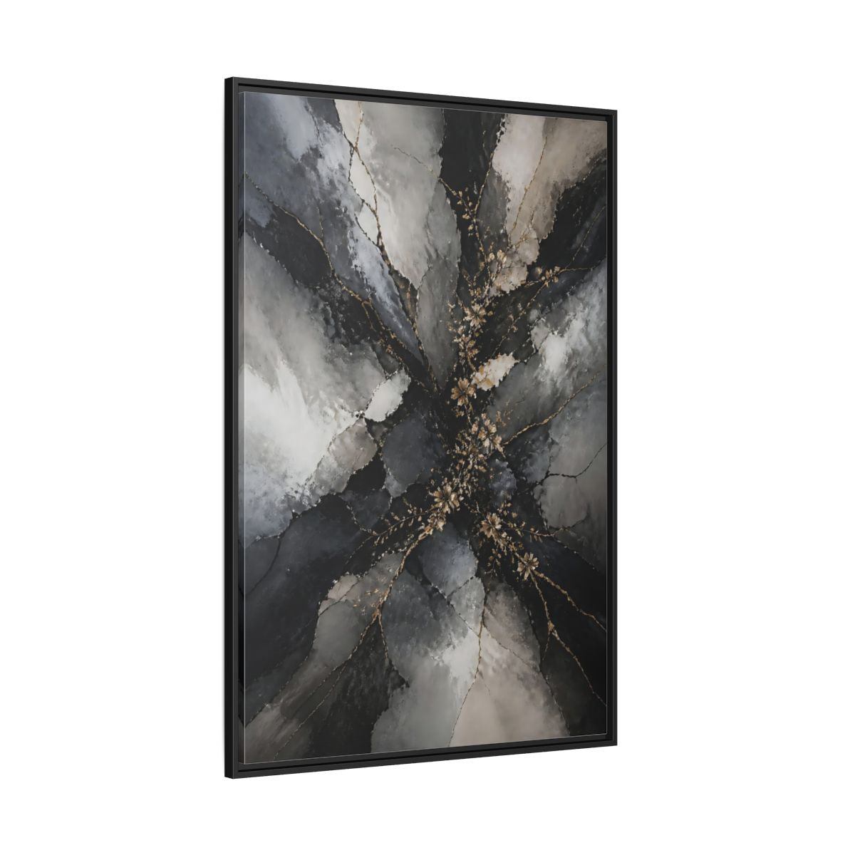 Side Mockup 12. Abstract Gold Floral Black And Gold shown as stretched canvas wall art
