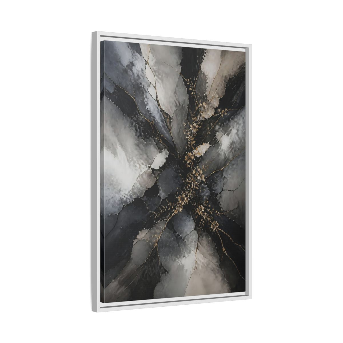 Side Mockup 10. Abstract Gold Floral Black And Gold shown as stretched canvas wall art