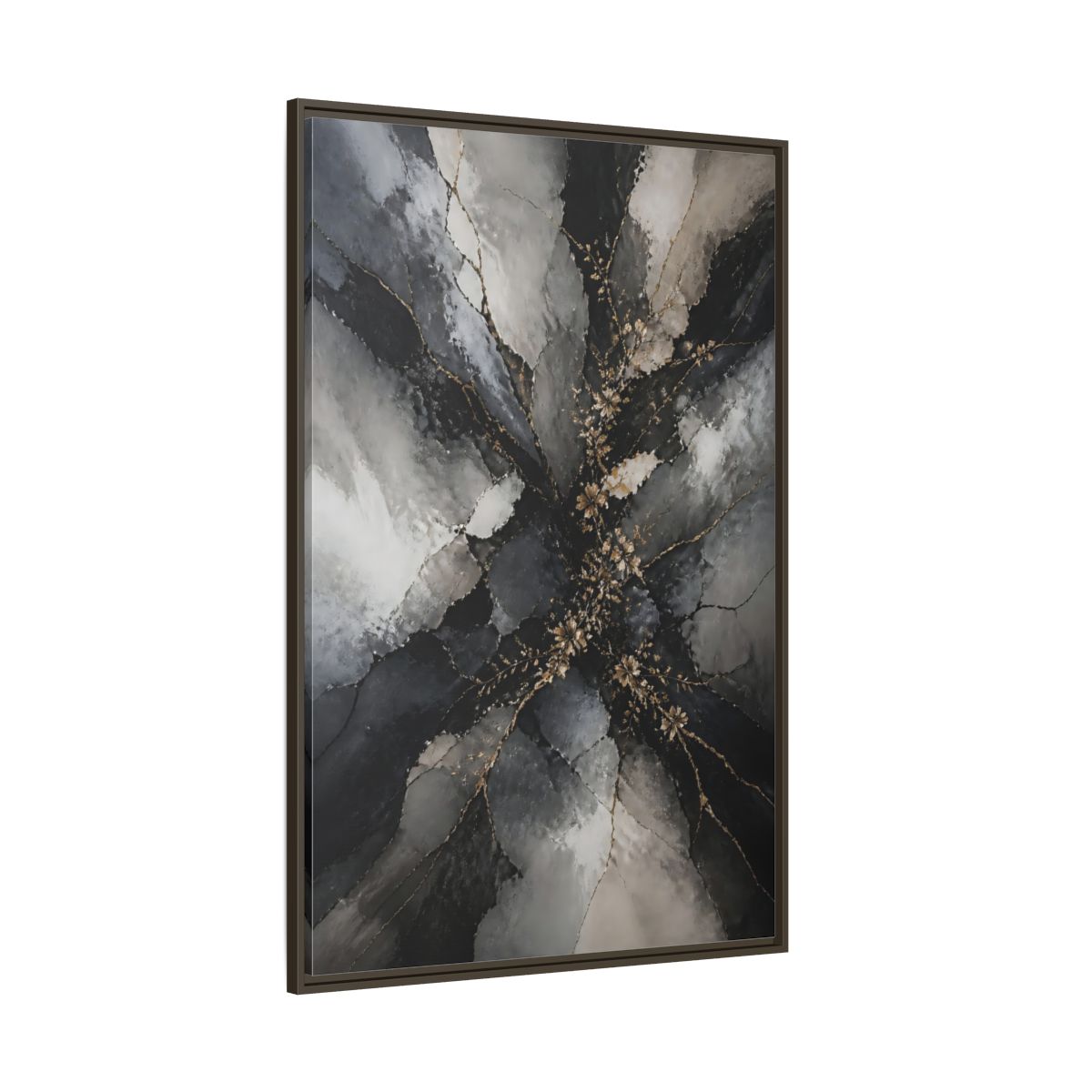 Side Mockup 8. Abstract Gold Floral Black And Gold shown as stretched canvas wall art