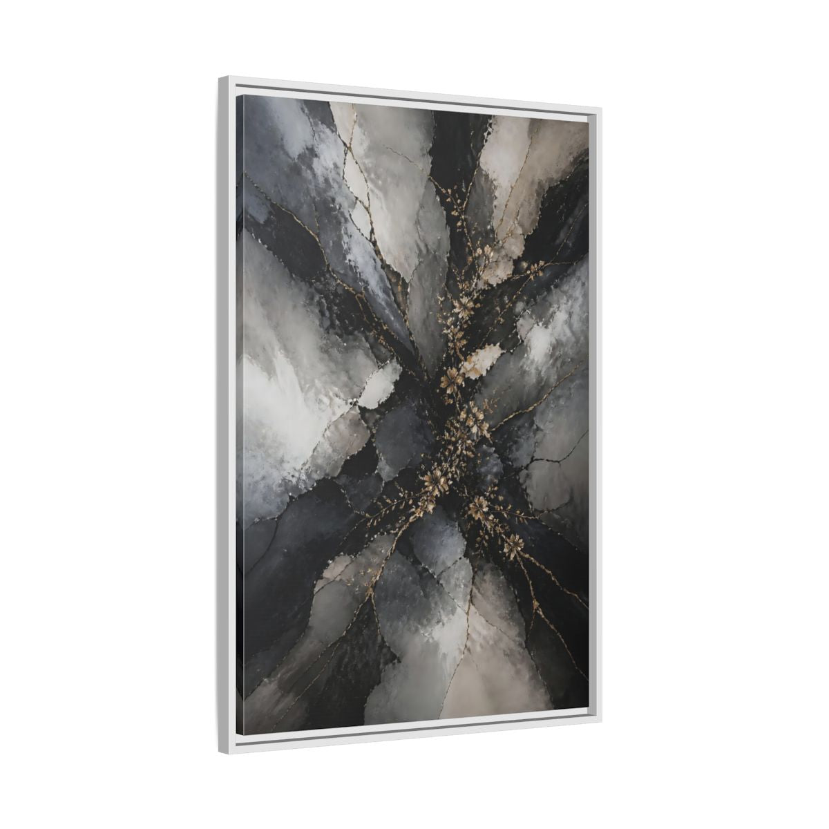 Side Mockup 9. Abstract Gold Floral Black And Gold shown as stretched canvas wall art