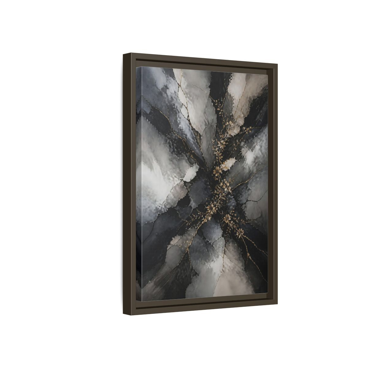 Side Mockup 5. Abstract Gold Floral Black And Gold shown as stretched canvas wall art