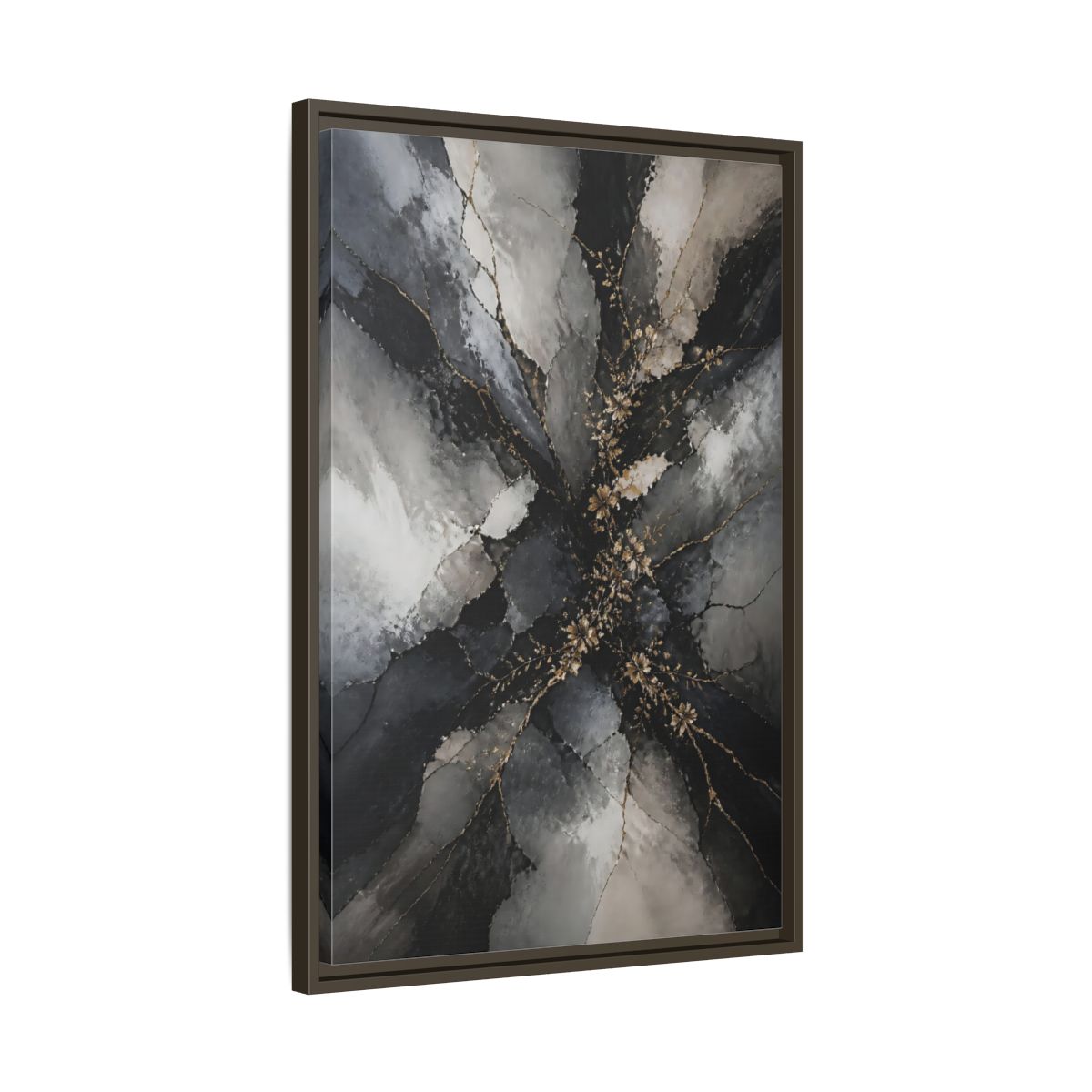 Side Mockup 11. Abstract Gold Floral Black And Gold shown as stretched canvas wall art