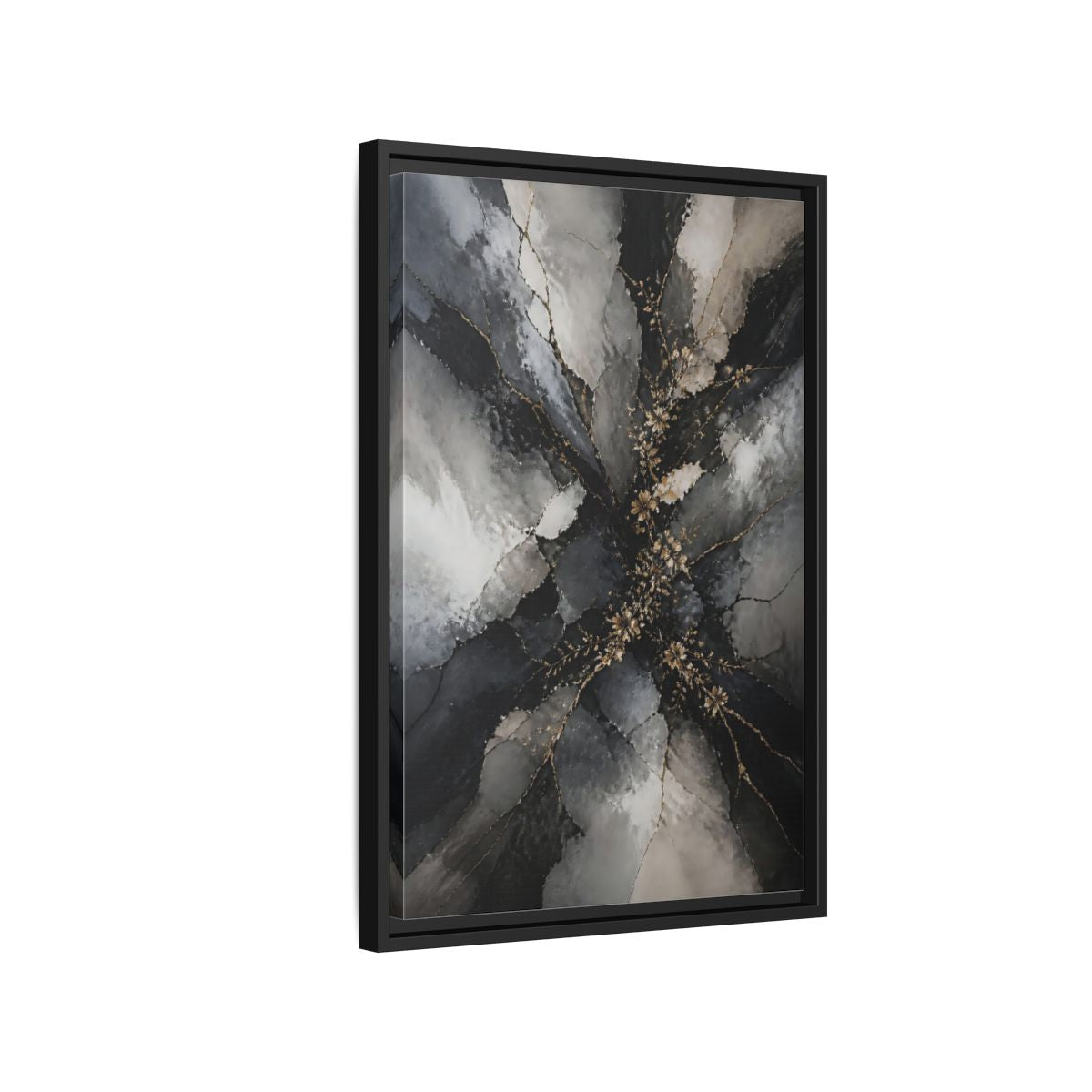 Side Mockup 3. Abstract Gold Floral Black And Gold shown as stretched canvas wall art