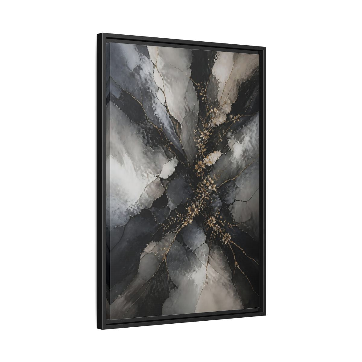 Side Mockup 14. Abstract Gold Floral Black And Gold shown as stretched canvas wall art