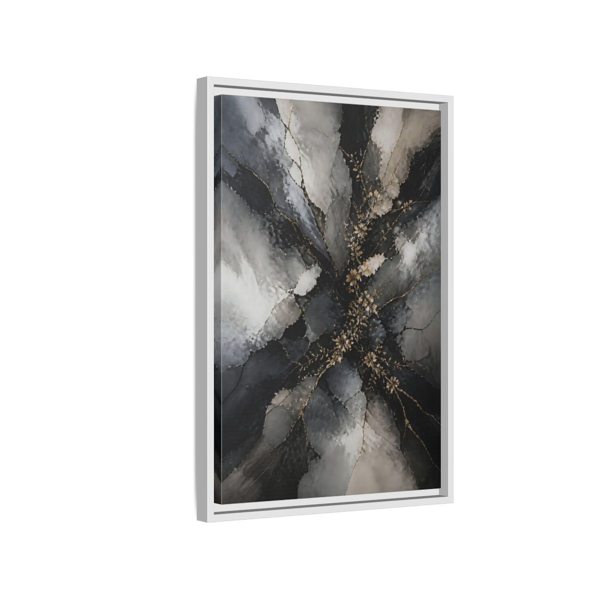 Side Mockup 1. Abstract Gold Floral Black And Gold shown as stretched canvas wall art