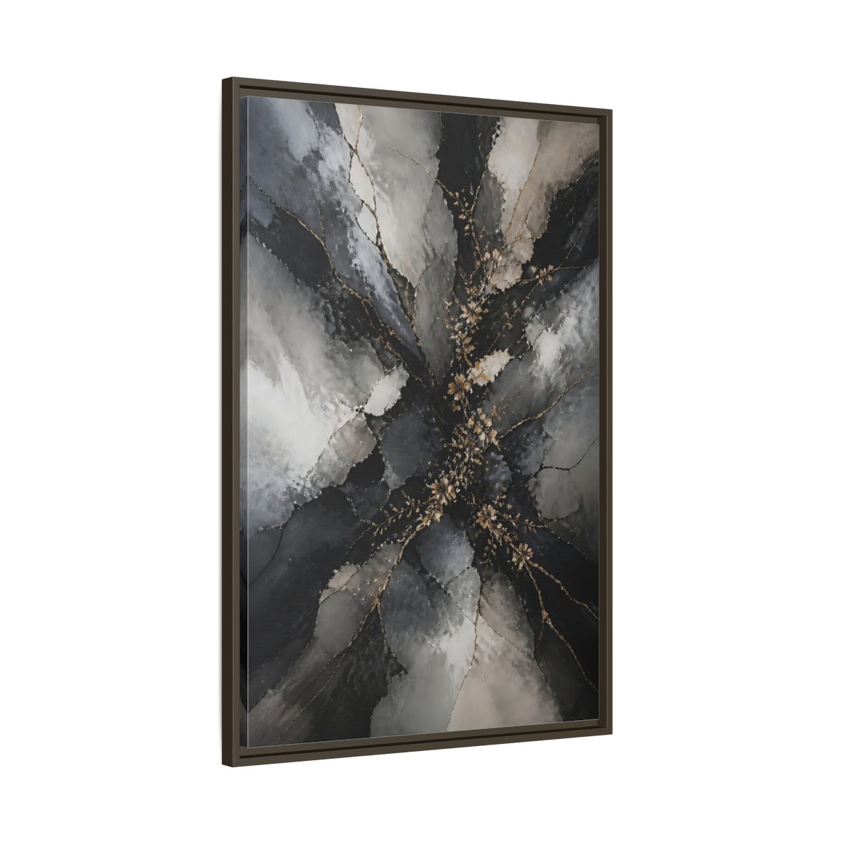 Main Mockup. Abstract Gold Floral Black And Gold shown as stretched canvas wall art