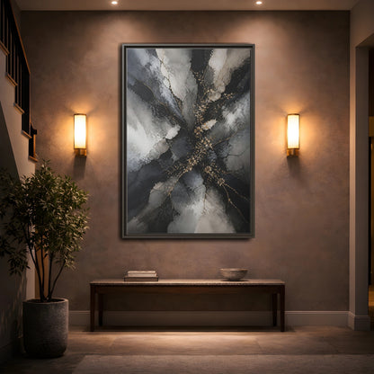 Mockup 2. Abstract Gold Floral Black And Gold shown as stretched canvas wall art