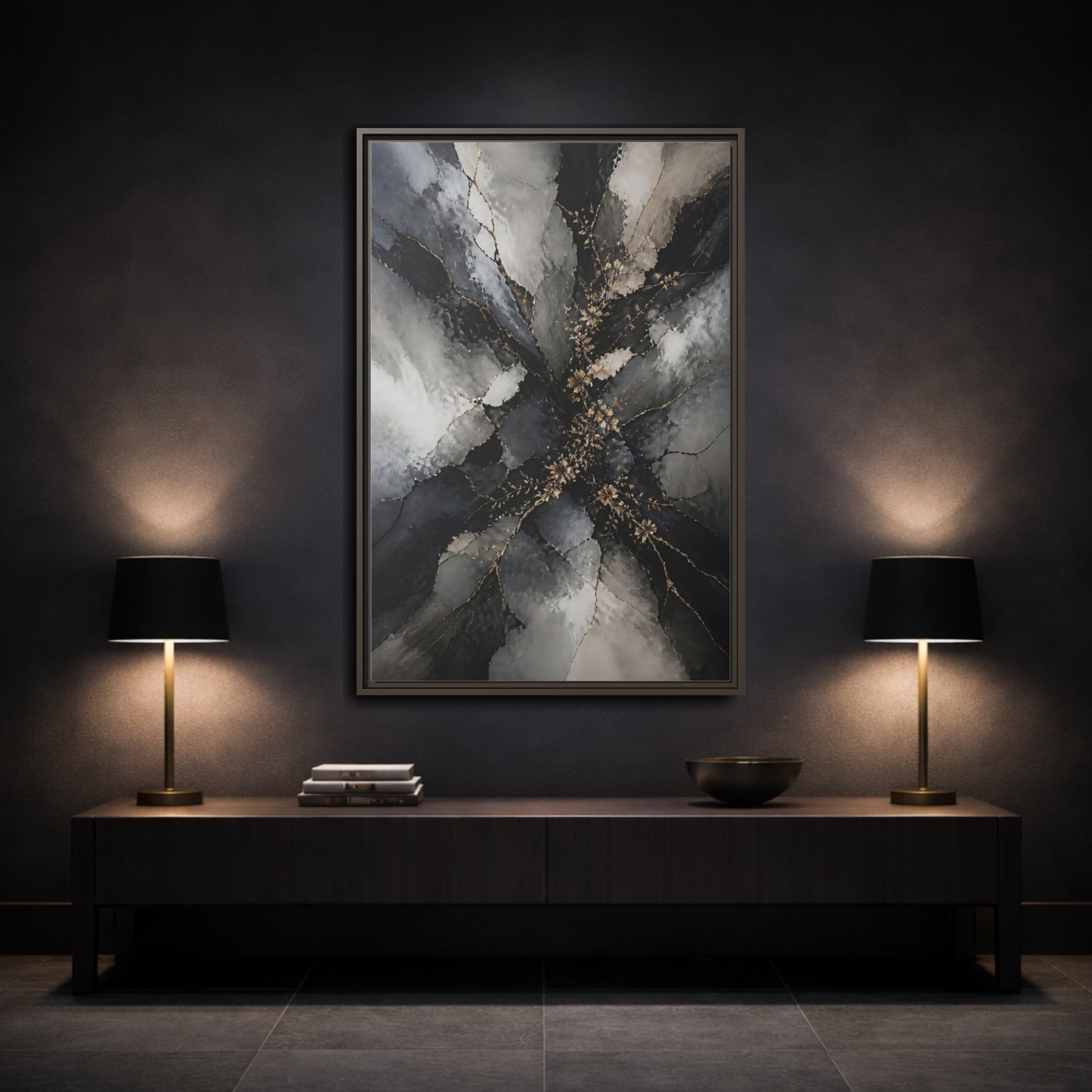 Mockup 3. Abstract Gold Floral Black And Gold shown as stretched canvas wall art