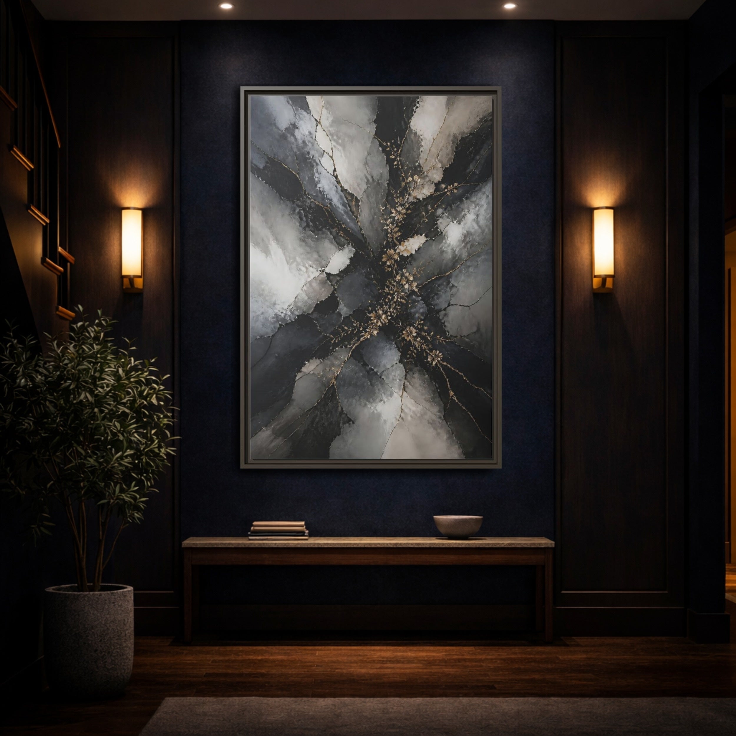 Mockup 4. Abstract Gold Floral Black And Gold shown as stretched canvas wall art