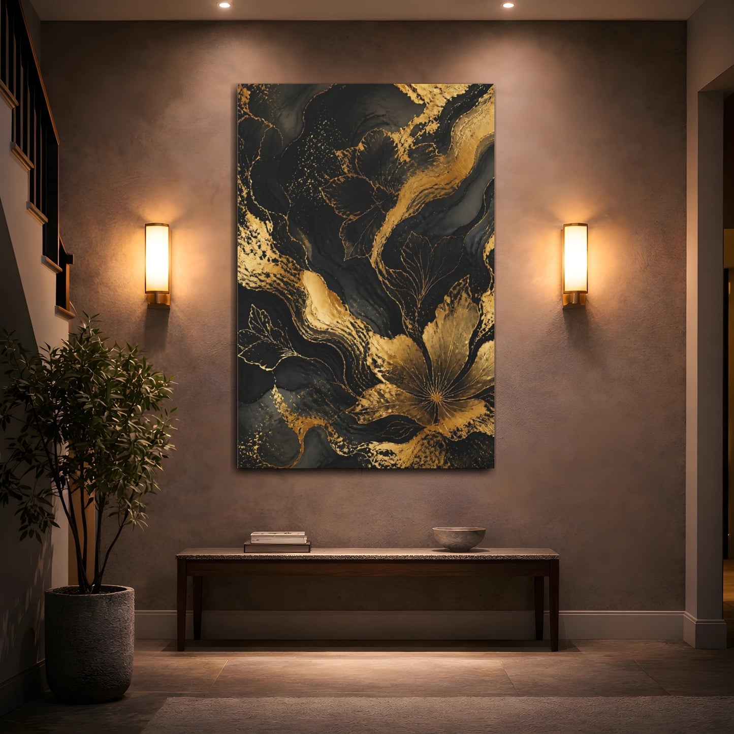 Mockup 2. Abstract Gold Floral Contour shown as canvas print