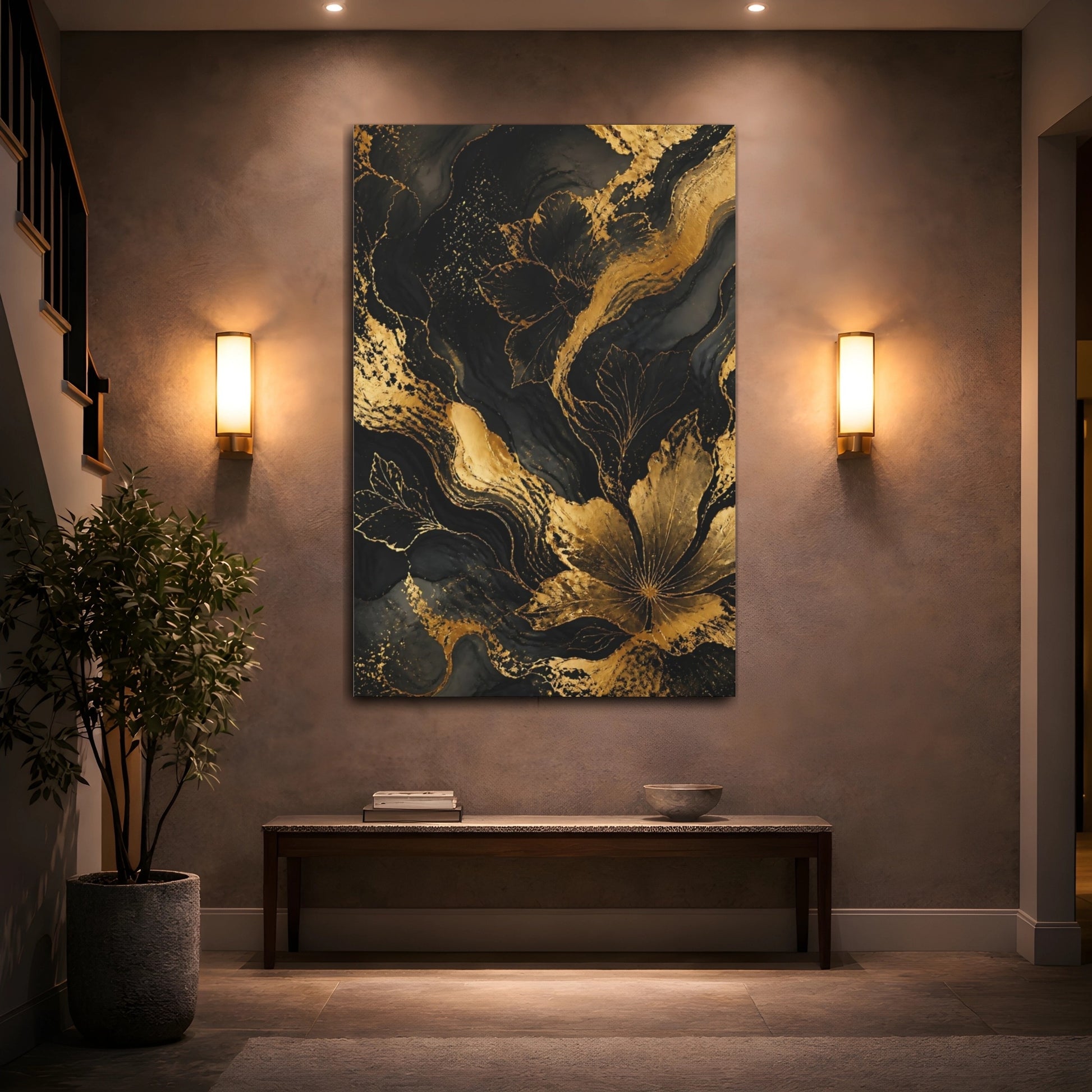 Mockup 2. Abstract Gold Floral Contour shown as canvas print