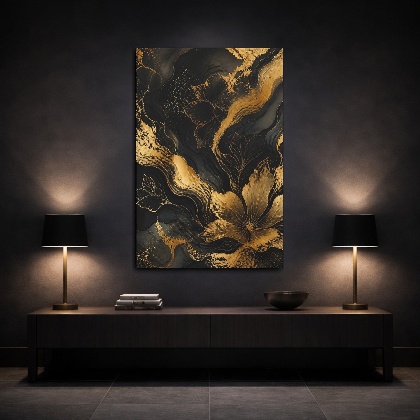 Mockup 3. Abstract Gold Floral Contour shown as canvas print