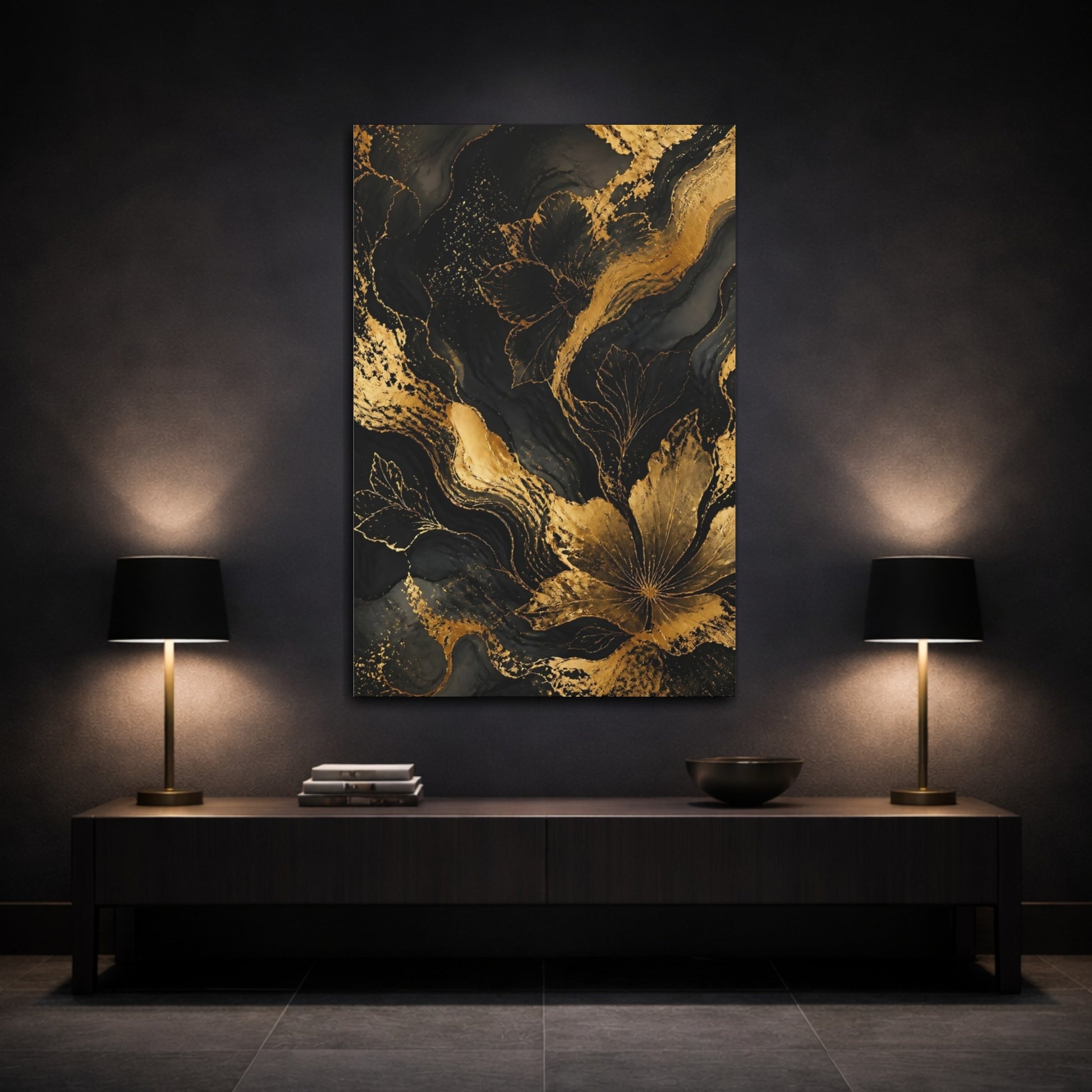 Mockup 3. Abstract Gold Floral Contour shown as canvas print