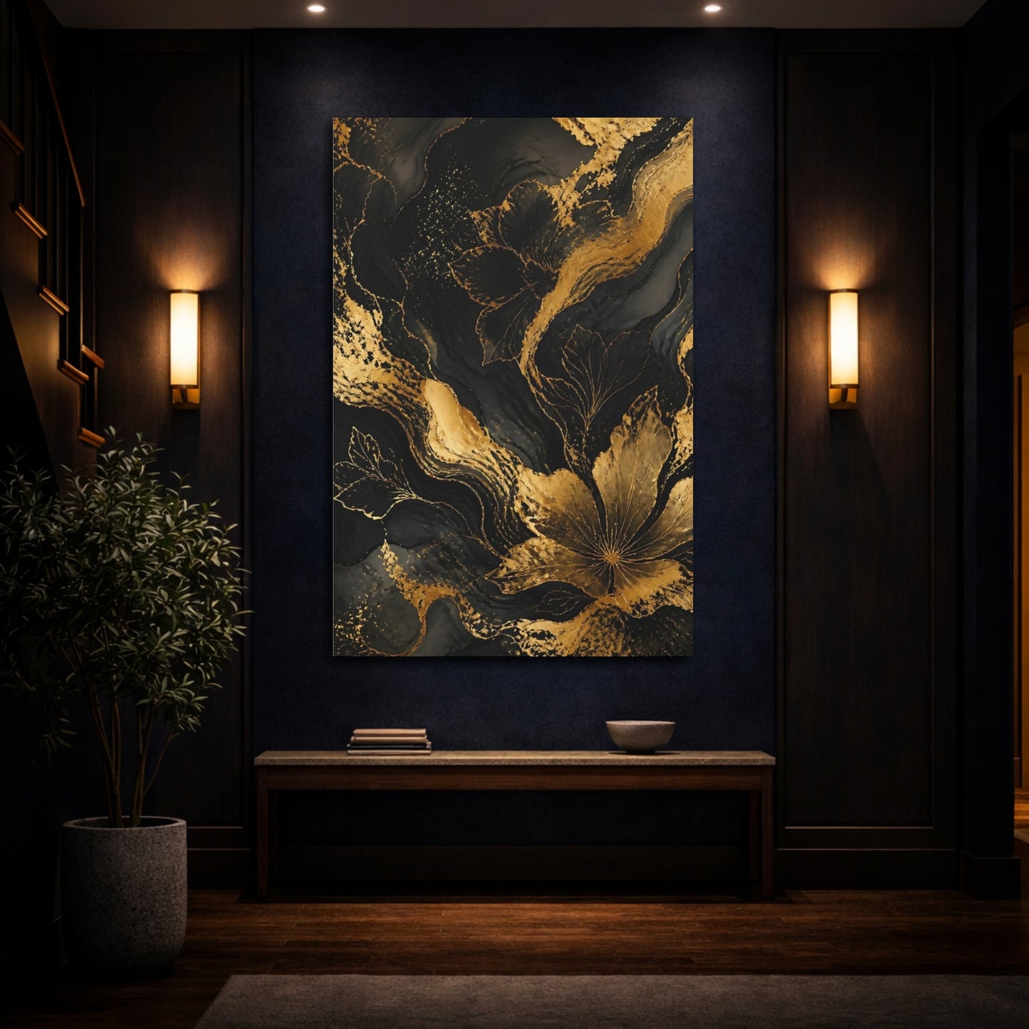 Mockup 4. Abstract Gold Floral Contour shown as canvas print