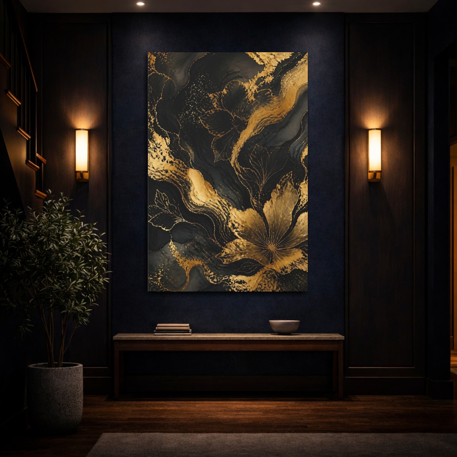 Mockup 4. Abstract Gold Floral Contour shown as canvas print