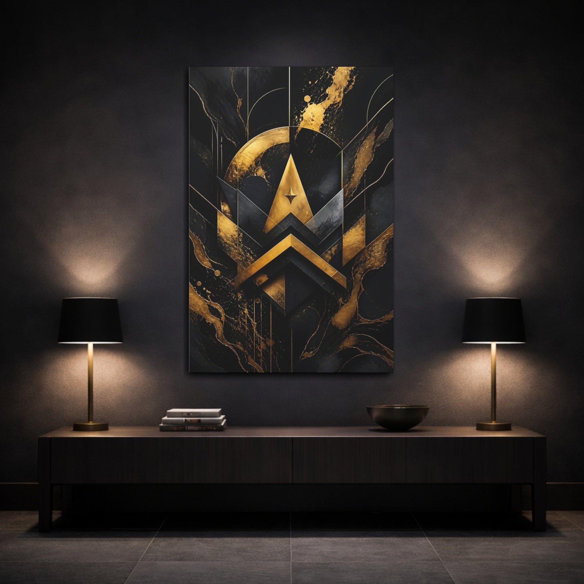 Mockup 3. Abstract Gold Geometry shown as canvas print
