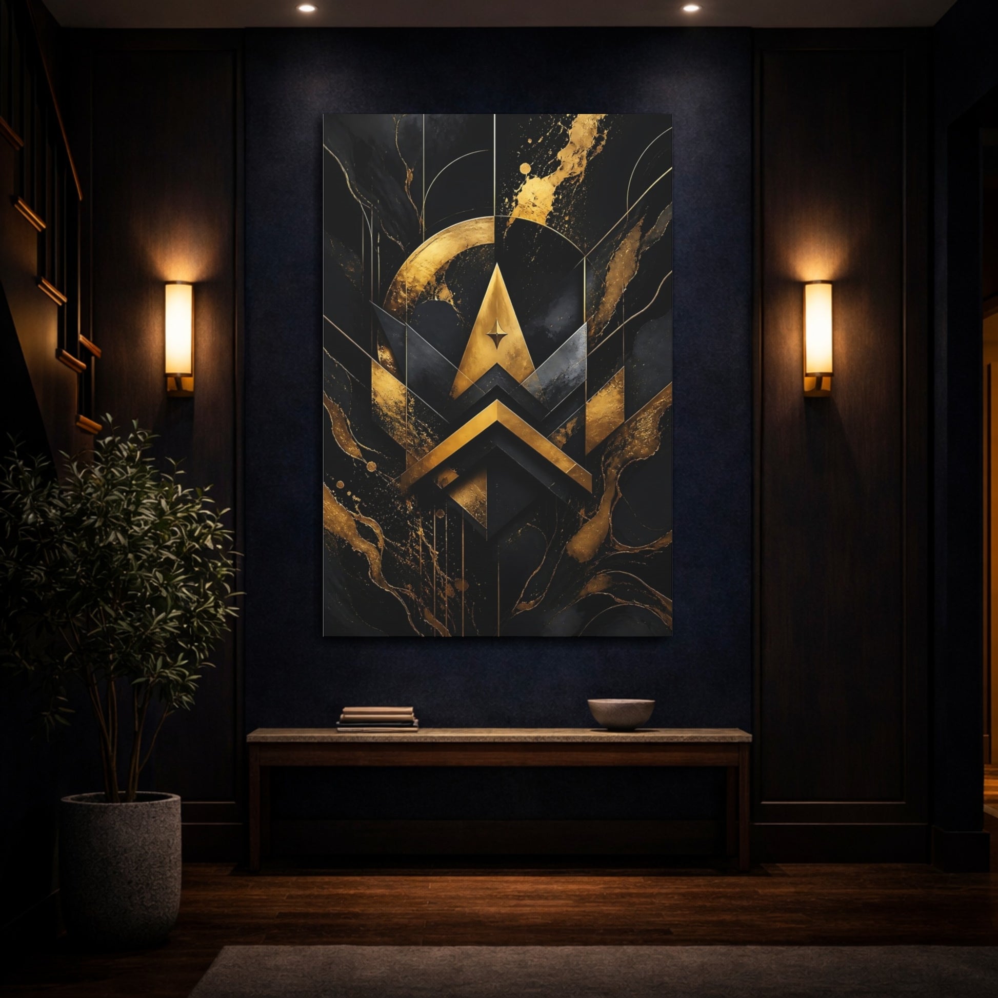 Mockup 4. Abstract Gold Geometry shown as canvas print