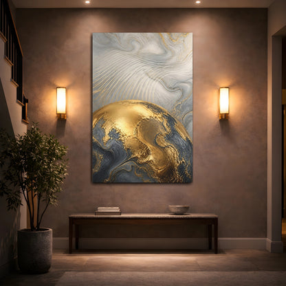 Mockup 2. Abstract Gold Globe shown as canvas print