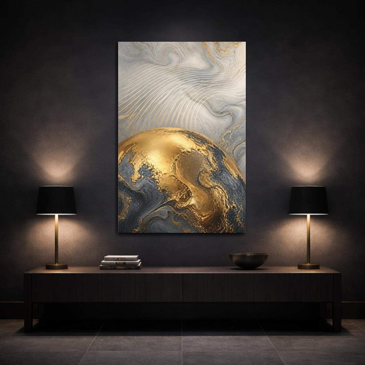 Mockup 3. Abstract Gold Globe shown as canvas print