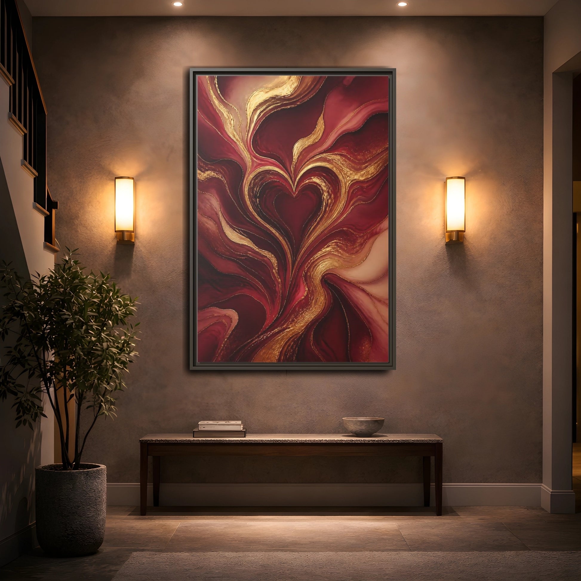 Mockup 2. Abstract Gold Heart shown as framed canvas print