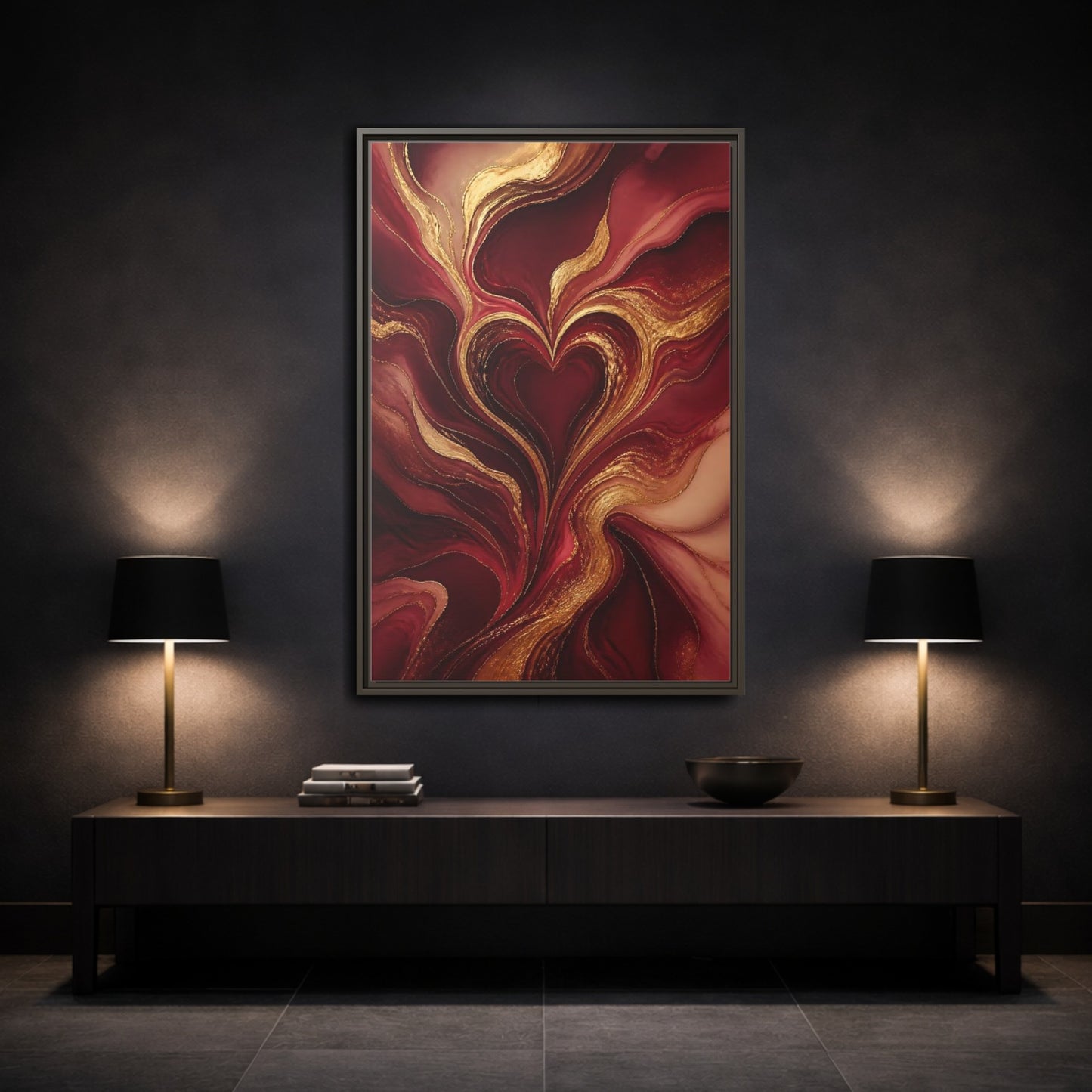 Mockup 3. Abstract Gold Heart shown as framed canvas print