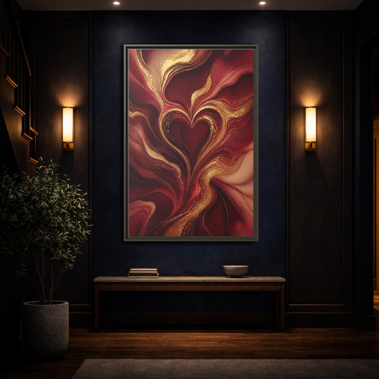 Mockup 4. Abstract Gold Heart shown as framed canvas print