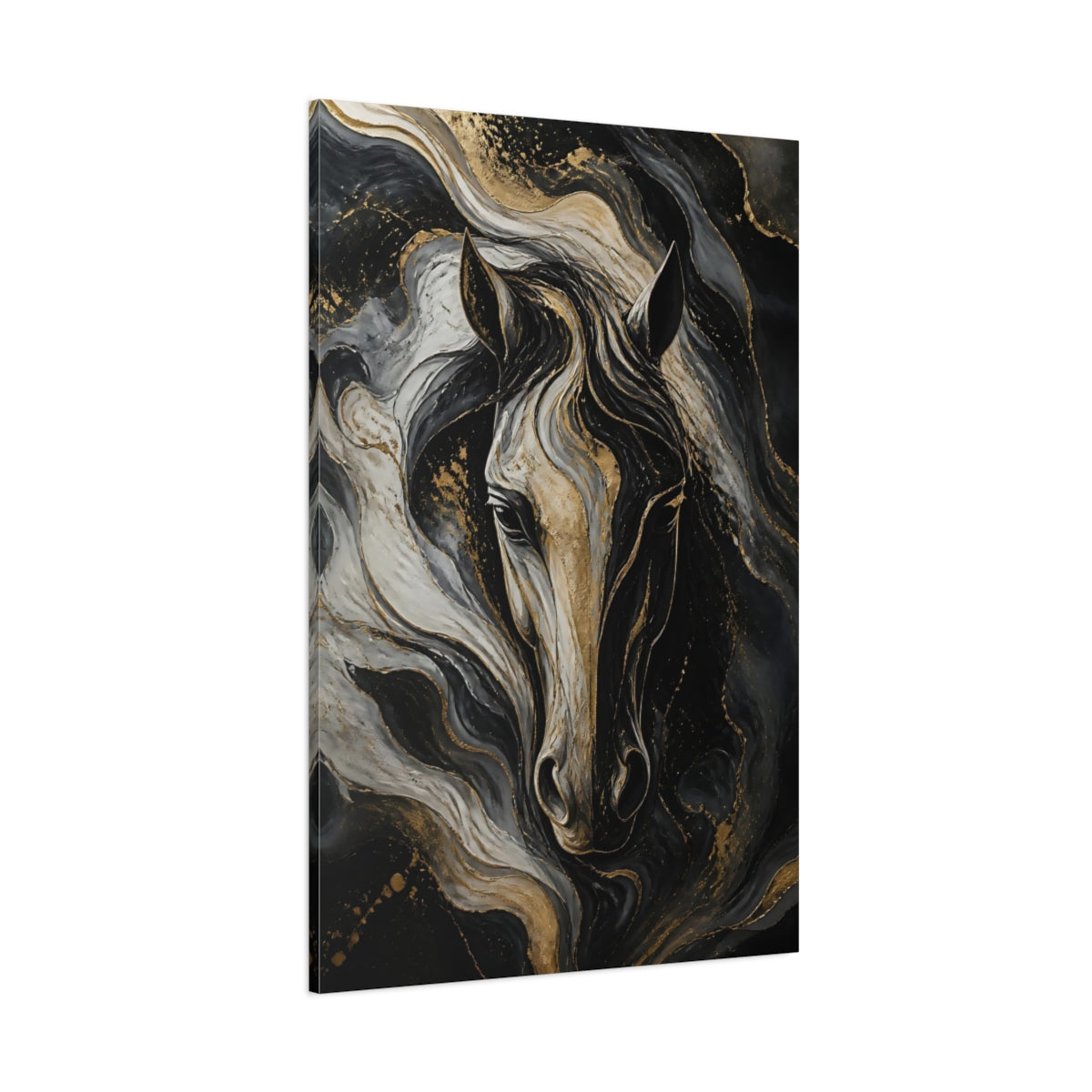 Side Mockup 1. Abstract Gold Horse Portrait shown as canvas print