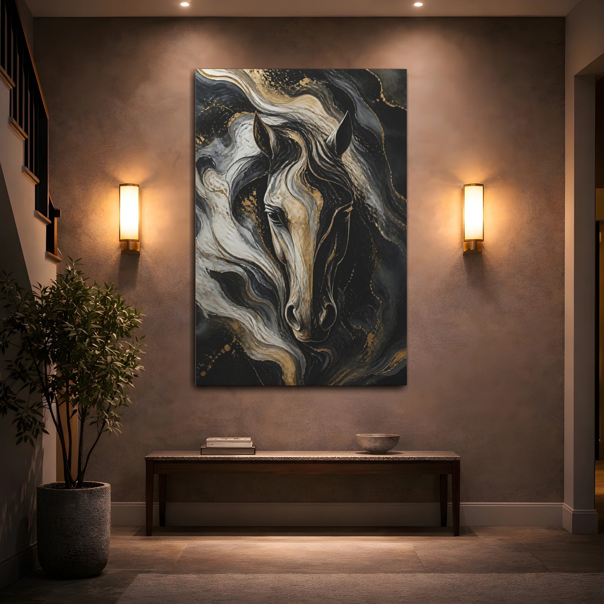 Mockup 2. Abstract Gold Horse Portrait shown as canvas print