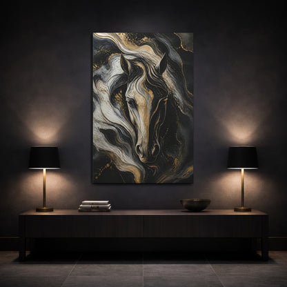 Mockup 3. Abstract Gold Horse Portrait shown as canvas print