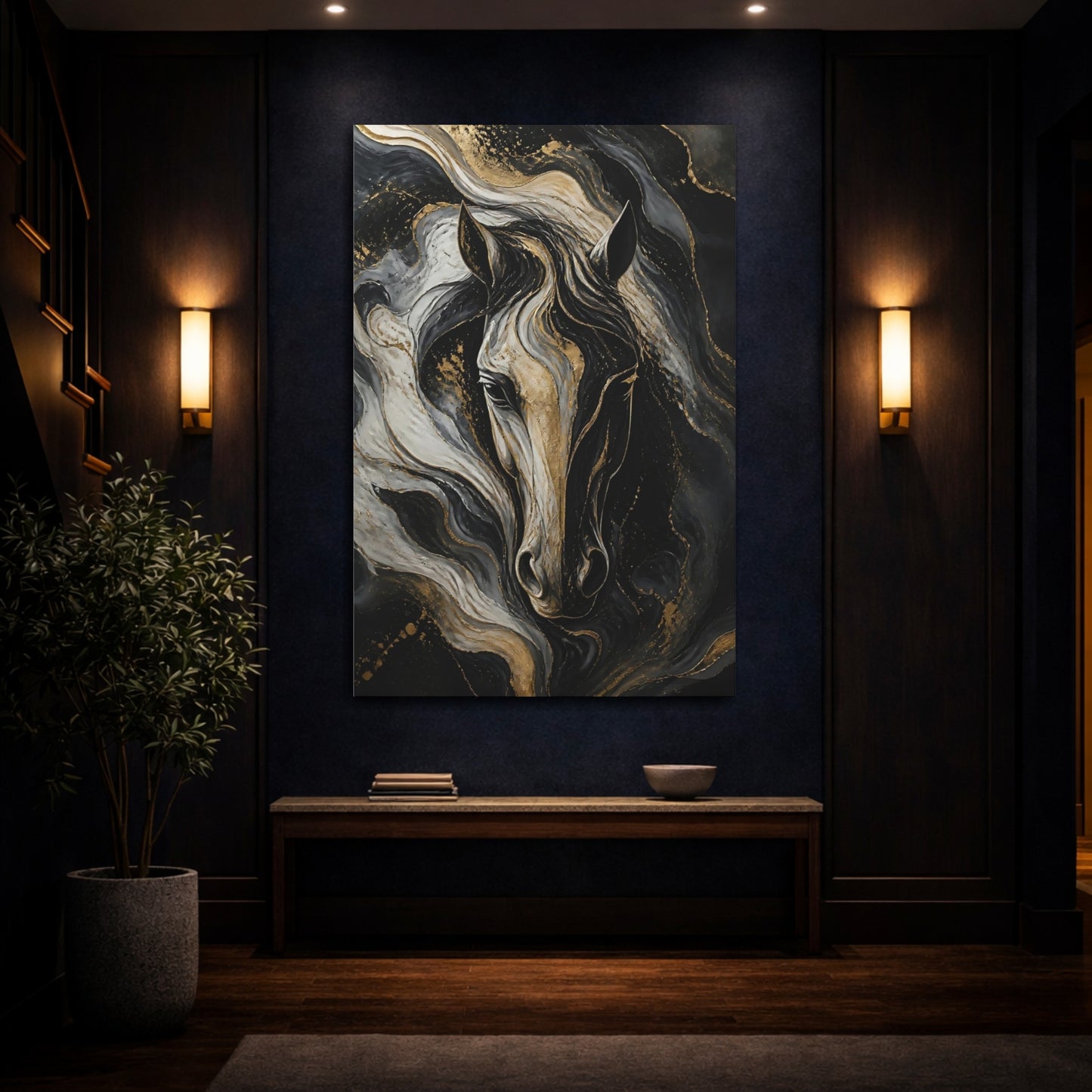Mockup 4. Abstract Gold Horse Portrait shown as canvas print