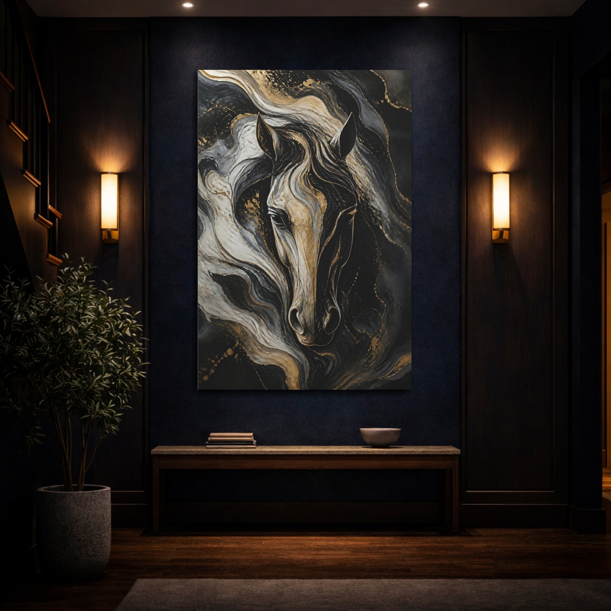 Mockup 4. Abstract Gold Horse Portrait shown as canvas print