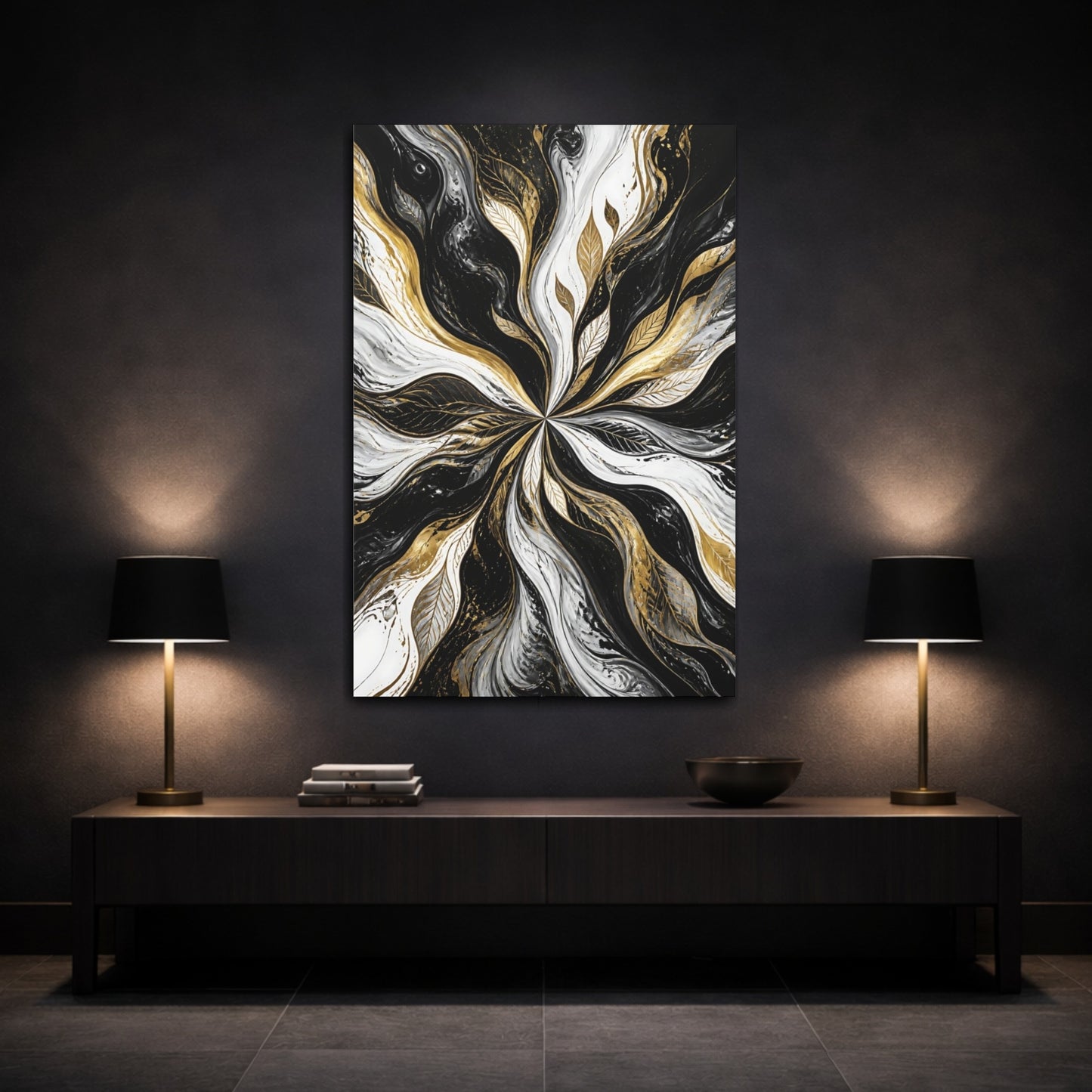 Mockup 3. Abstract Gold Leaf Swirl shown as canvas print