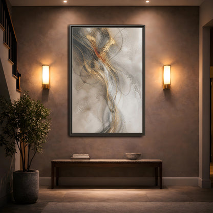 Mockup 2. Abstract Gold Linework shown as framed canvas print
