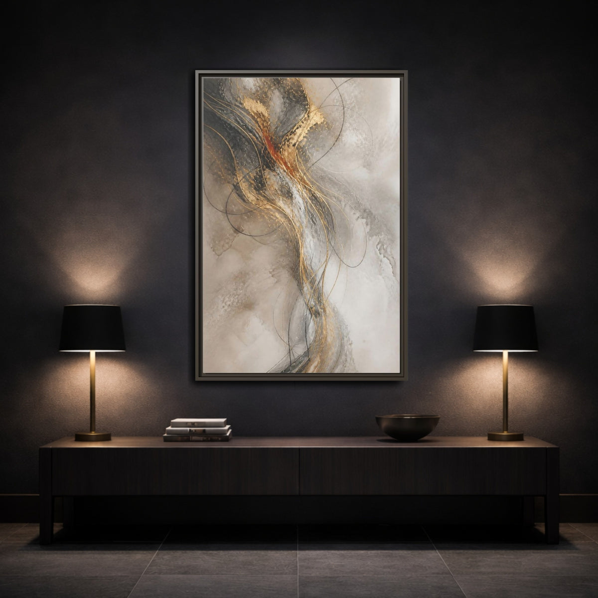 Mockup 3. Abstract Gold Linework shown as framed canvas print