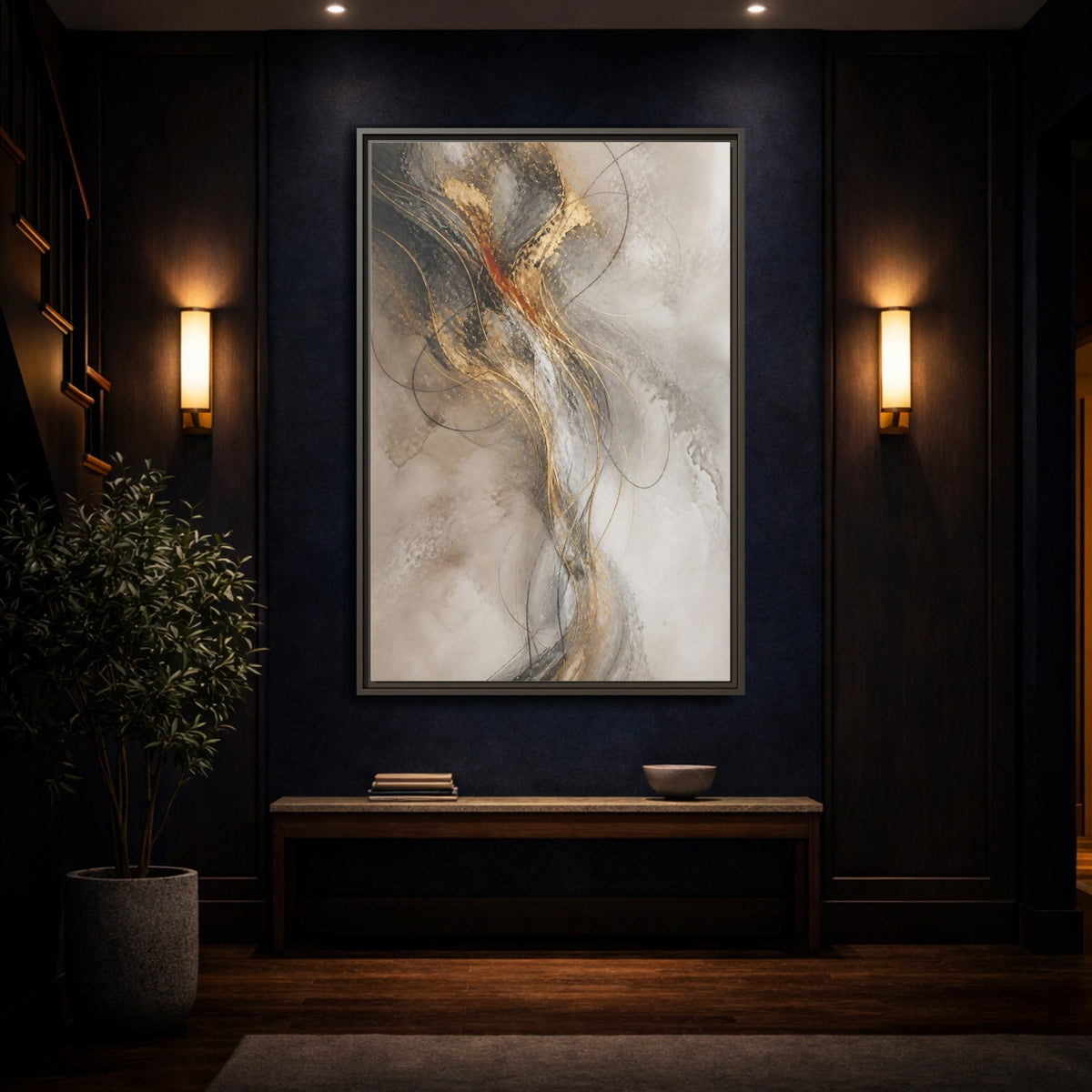 Mockup 4. Abstract Gold Linework shown as framed canvas print