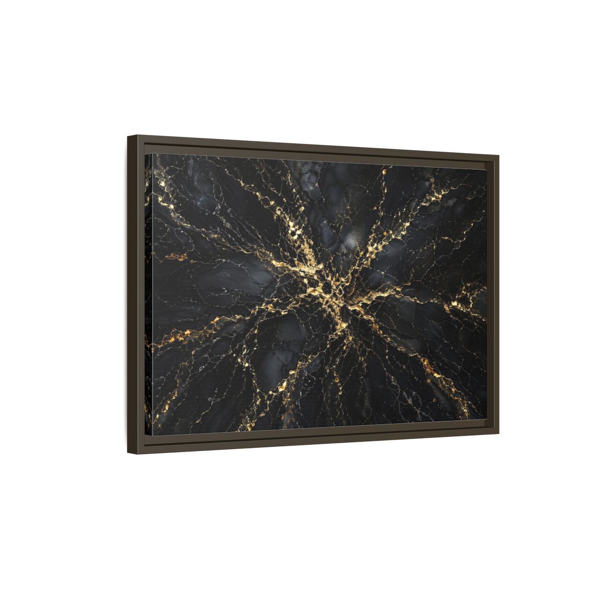 Side Mockup 2. Abstract Gold Marble Black And Gold shown as stretched canvas wall art