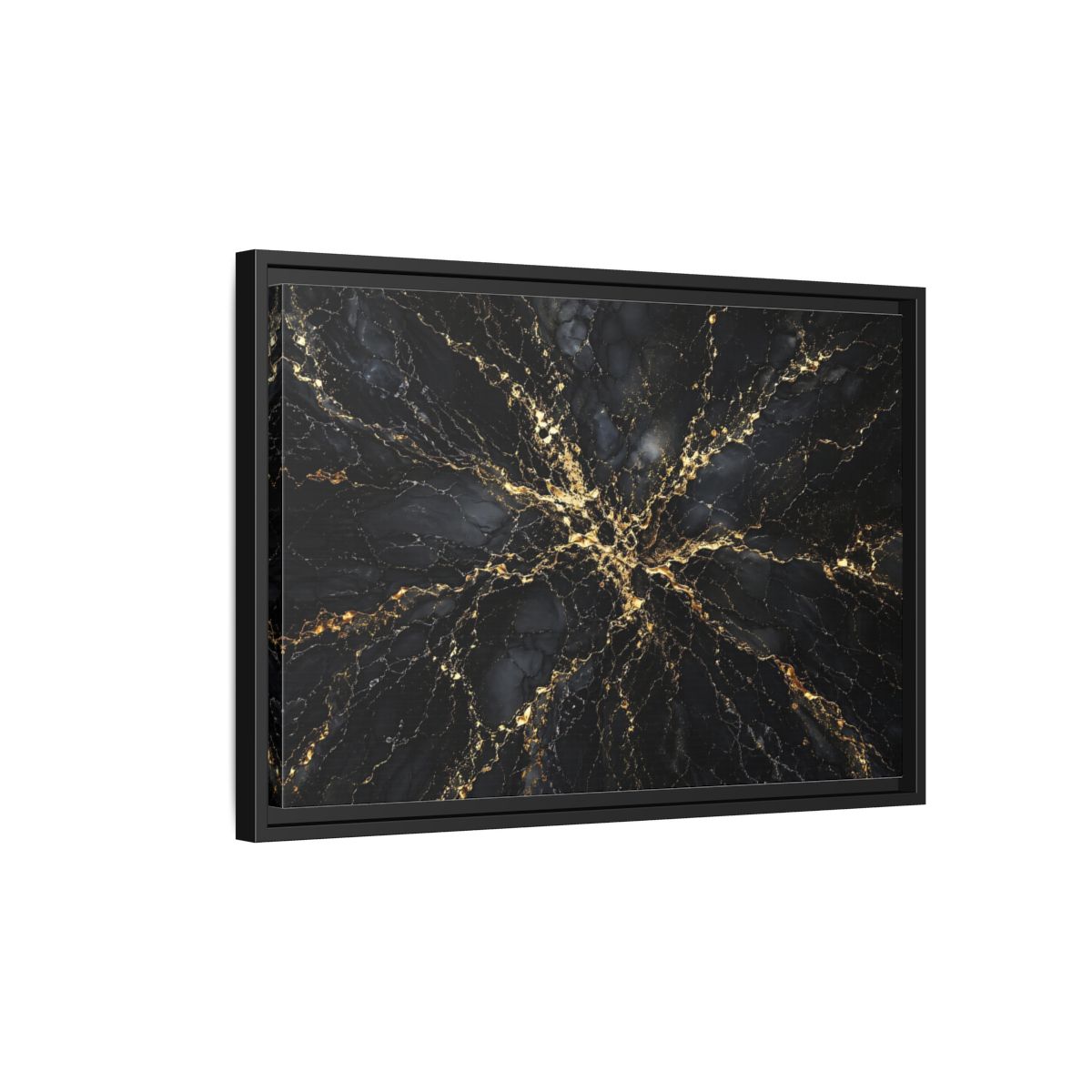 Side Mockup 3. Abstract Gold Marble Black And Gold shown as stretched canvas wall art
