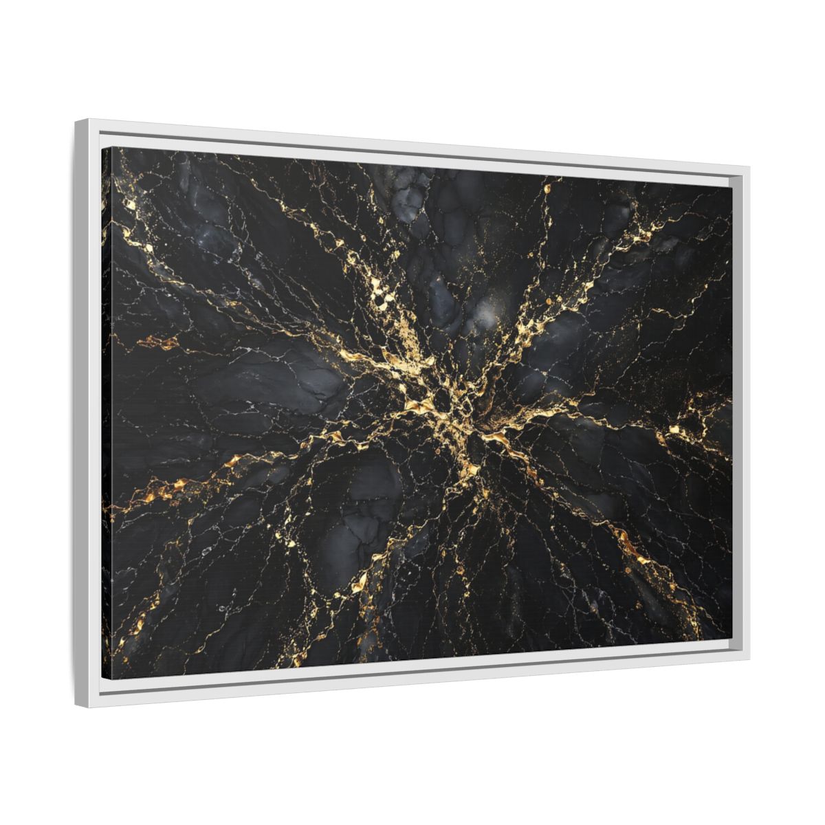 Side Mockup 10. Abstract Gold Marble Black And Gold shown as stretched canvas wall art