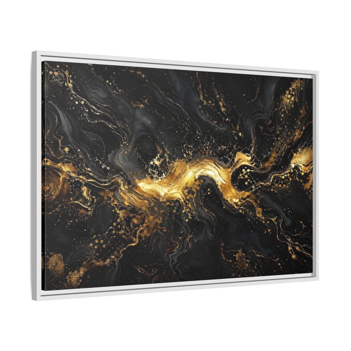 Side Mockup 9. Abstract Gold Marble Black And Gold shown as stretched canvas wall art