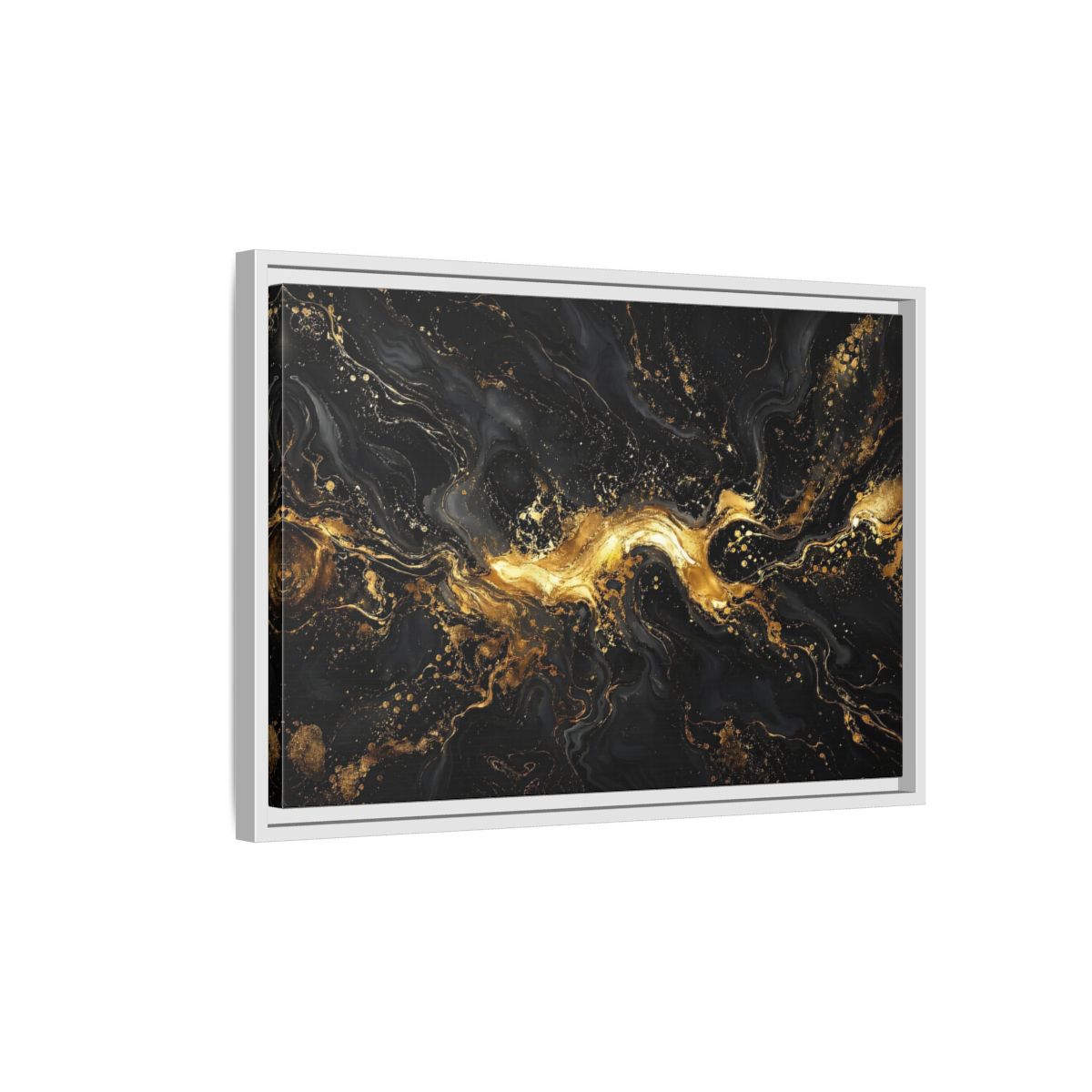 Side Mockup 1. Abstract Gold Marble Black And Gold shown as stretched canvas wall art