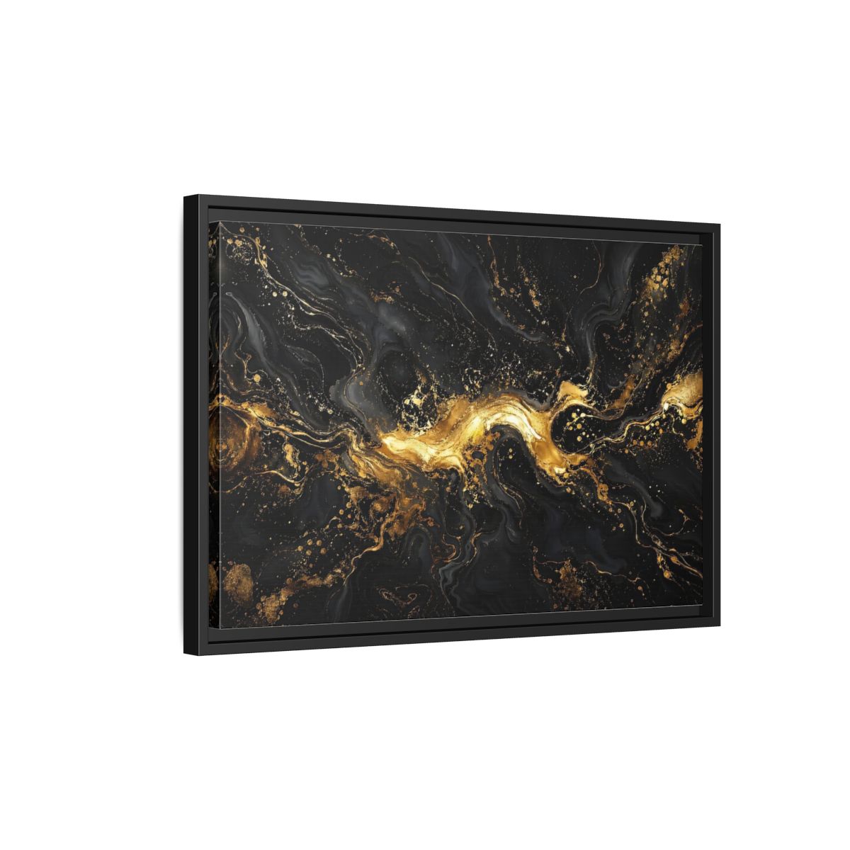 Side Mockup 3. Abstract Gold Marble Black And Gold shown as stretched canvas wall art