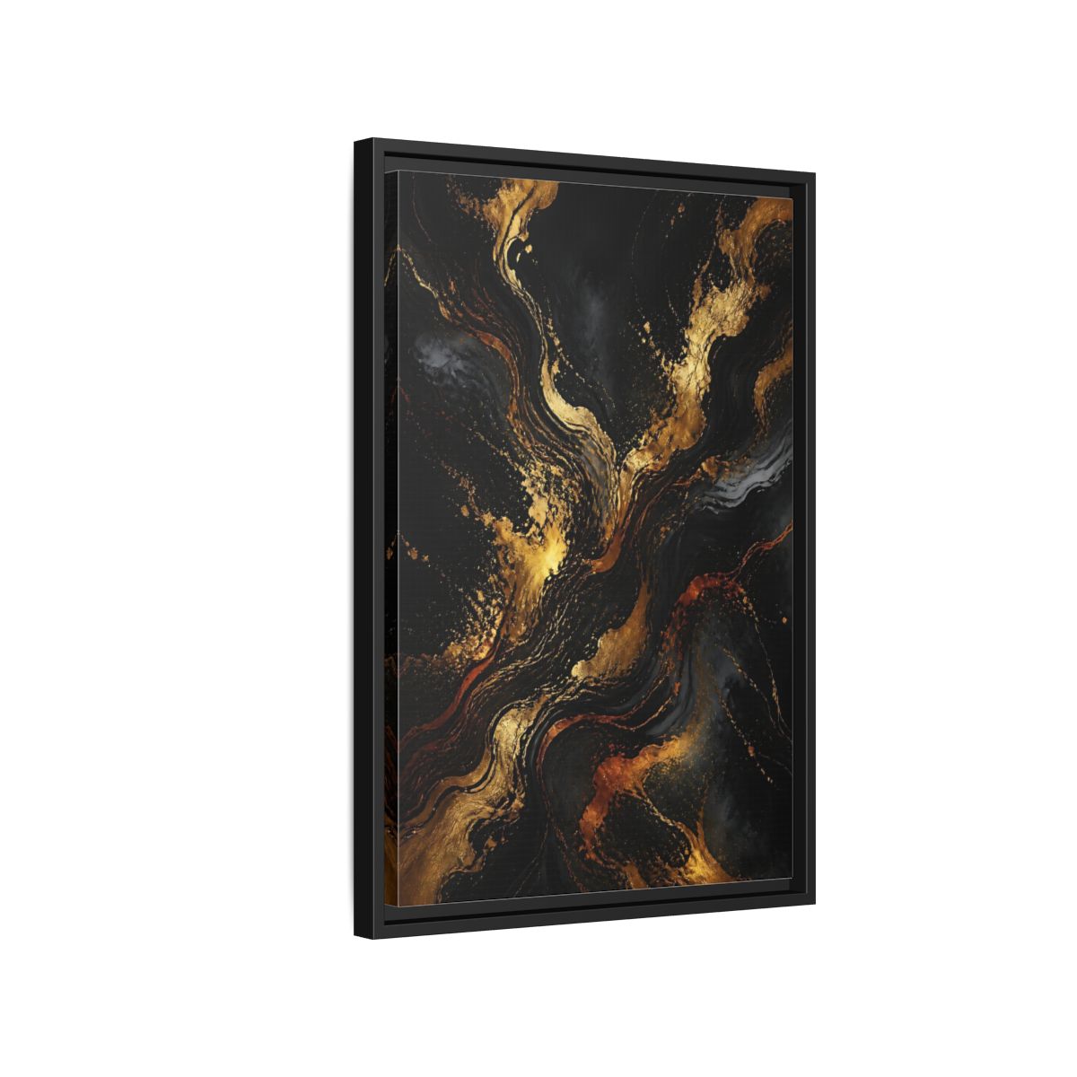 Side Mockup 3. Abstract Gold Marble Black And Gold shown as stretched canvas wall art