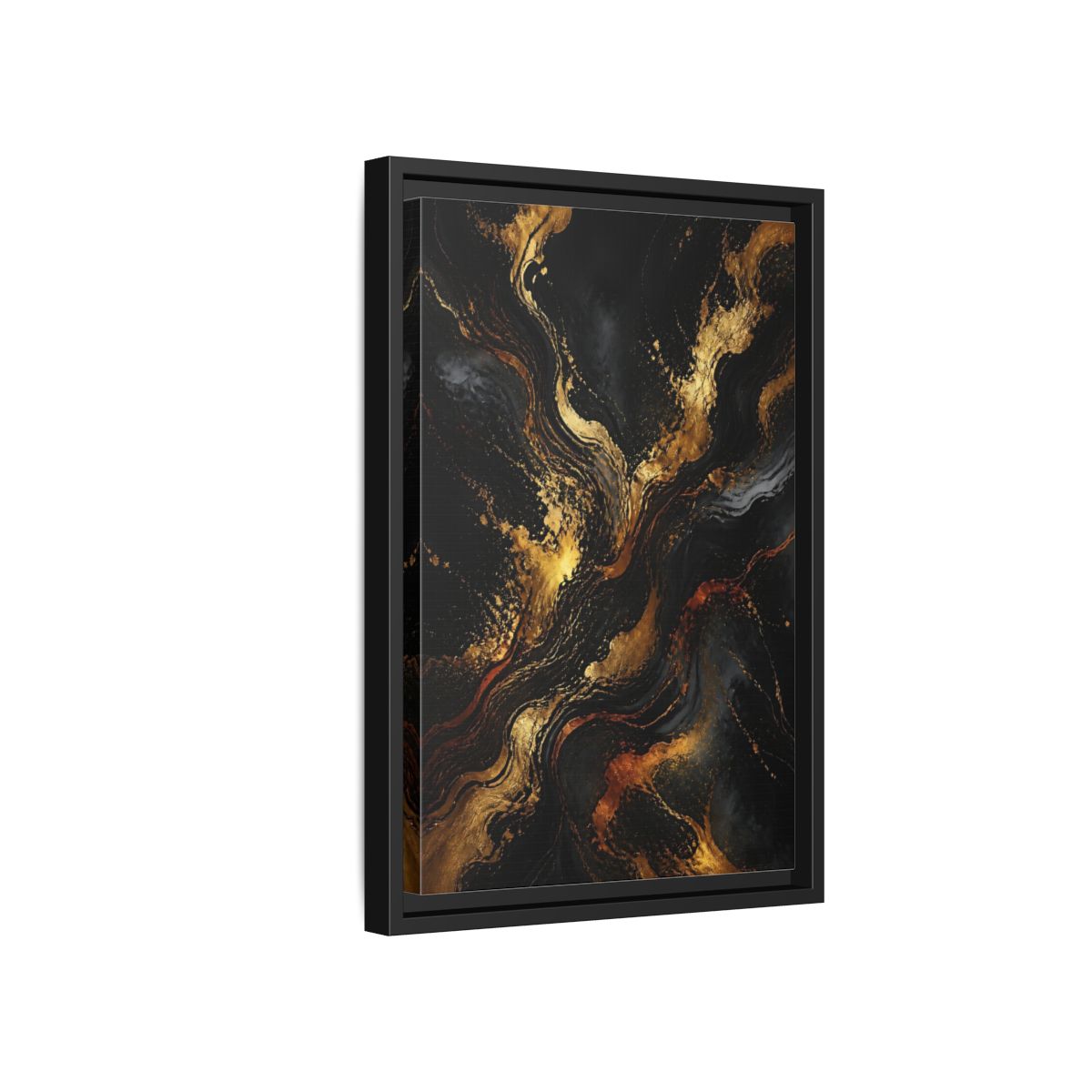 Side Mockup 6. Abstract Gold Marble Black And Gold shown as stretched canvas wall art